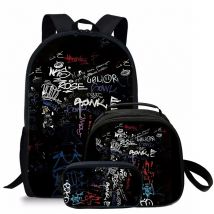 Coole Englische Buchstaben-Graffiti Schwarzes Dreiteiliges Rucksack-Set für Jungen und Mädchen Beste Geschenke 2D Cartoon Schultasche für Kinder