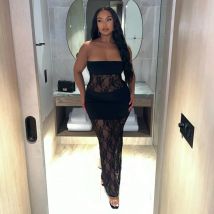 2024 summer new solid color sleeveless sexy lace patchwork strapless slim fit dress