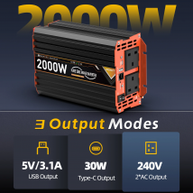 UK Pure Sine Wave Power Inverter 2000W DC 12V/24V To AC 240V Frequency Converter 50hz Solar car Inverter Transformer LCD Display