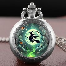 Silber Retro Halloween Hexe & Mondschein Nacht Herren Chronograph Taschenuhr, Magie - Element Damen Anhänger Halskette Uhr