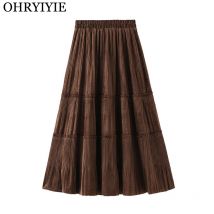 Ohryiyie einfarbig Vintage langen Samt Falten rock Frauen neue Herbst Winter Mode Dame hohe Taille eine Linie Rock weiblich