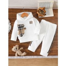 IURNXB 2pcs Baby Clothes Set Infant Cartoon Bear Plaid Patchwork Hoodie Top+Sweatpants Outfits Casual Children Sweatsuits 1-3Y