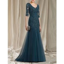 A-Linie, elegantes Kleid für die Brautmutter, Hochzeitsfeier, Abendkleid, V-Ausschnitt, halbe Ärmel, Rüschen, Applikationen, 2025, kostenlos individuell