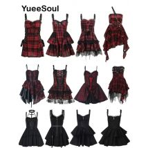 Grunge Gothic Women Dress Lace Trim High Waist Bodycon Mini Dress 2025 New E-girl Vintage Punk Harajuku Lolita Party Clothes