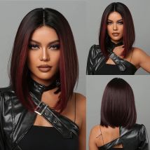 Haar würfel Bob Perücken für Frauen kurze schwarze Bob Perücke mit rotem Highlight Mittelteil Kunst haar Perücken hitze beständiges Cosplay Haar