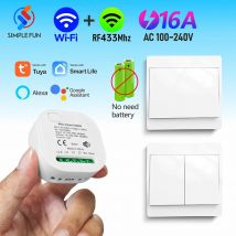 Tuya Smart life WiFi e interruttore della luce 433 MHz, interruttore da pannello a parete senza bisogno di batteria, mini modulo 110 V 220 V 16 A, per Alexa Google Home