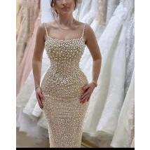 Maßgeschneidertes elegantes Perlen-Champagner-Maxi-Partykleid mit Perlen und Spaghettiträgern, luxuriöses Promi-Kleid, Meerjungfrau-Abendkleid 2025