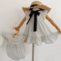 2024 Sommer Schwester Kleidung Kleinkind Neugeborene Baby Kleidung weibliche Baby Spitze Streifen kurz ärmel ige Schwester Kleid Stram pler Kleidung
