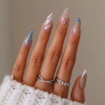 24pcs Merry Christmas Press On Nails Glitter Blue White French Snowflake Streak Pattern False Nail Glossy Almond Party Fake Nail