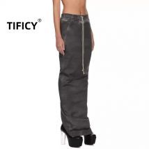 Dark Rick RO High Street lange Röcke Damen Denim Wasserpistole Grau Kordelzug Lange Tasche Hüftwickel Lässiger Split Langer Rock 25O