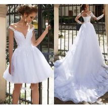 Zweiteilige kurze Brautkleider mit abnehmbarer Schleppe, sexy, offener Rücken, Spitze, Strandhochzeitskleid, Country Castle Bride, individuell gestaltet