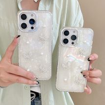 Luxus 3D Perle Schmetterling Glitzer Strass Shell Muster Handyhülle für iPhone 17 16 14 13 12 Pro Max 15 Plus Stilvolle Bling Hülle
