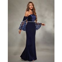 Mgiacy eine Schulter unregelmäßig faltbar gespleißt drei dimensionale Blume Horn Ärmel Fischschwanz Samt Kleid