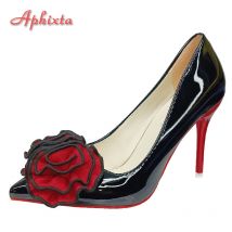 Aphixta Mode Zwillinge Rosen Klebrige Blumen 10 cm Stiletto Heels Pumps Frauen Schuhe Schwarz Rot Super Hohe Spitz Plus große 49 50