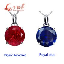 Rubí rojo sangre de paloma de 3 quilates y 9 mm de forma redonda, zafiro azul real/azul aciano cultivado en laboratorio con inclusiones, plata 925 para colgante de collar.