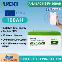 ANENJI 24V 100Ah Akumulator LiFePO4 Bluetooth 6000+ Cykli Klasy A IP65 RV Solarny Domowy Pakiet Litowy Wbudowany BMS