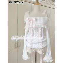 Autumn and Winter Sweet Lace Knitted Sweater Retro Lace Straps Off-the-shoulder Top Pink Ribbon Bow Pullover Sweaters for Women