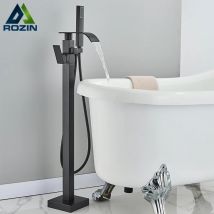 Schwarze Badewanne Dusch armatur Badezimmer Messing quadratischen Boden stehende Badewanne Wasserhähne Wasserfall heißes kaltes Wasser Mischbatterie