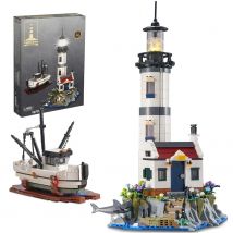 1677PCS faro elettrico Building Blocks Fisherman Rescue Boats faro modello mattoni con luce giocattoli per bambini regali di natale