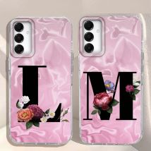 A-Z Black Letter Peony Flower ﻿Shockproof Phone Case For Samsung Galaxy A07 A17 A06 A16 A26 A36 A56 A12 A22 Shell Couple Cover