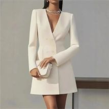 Mode Weiß Anzug Kleid Frauen 2025, Herbst Schlank Zweireiher Langarm Kleider Mäntel Elegante Pendeln Mini Kleid