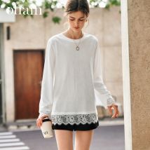 OLrain Baumwolle Weißes T-shirt Frauen 2025, Herbst Beiläufige Lose T-shirt Crewneck Spitze Langarm Tops Frau Kleidung N57CT95669