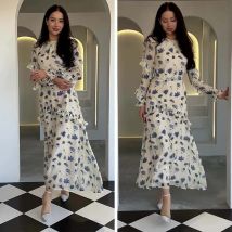 Damen Frühling Herbst Langes Kleid Elegantes Rüschen Midi Blumendruck Kleid Blumen Vintage Musselin Kleid für Frauen