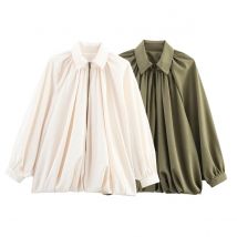 Elegant Green Suede Jacket Women Long Puff Sleeve Lapel Zipper Loose Jackets 2025 Spring Street Pleated Short Outwear