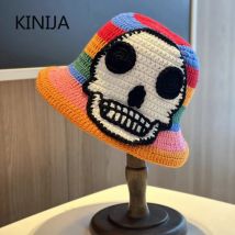 Skelett Stickerei Fischer Hut Winter handgemachte häkeln gestrickt Unisex Hip Hop Eimer Hut runde Becken Hut Halloween kalte Kappe