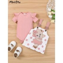 MiniFox Niedliche Bären-Baby-Kleider für Mädchen, rosa Strampler und Punkte, tanzender Bär, Hosenträgerkleid, Neugeborene-Sets für Mädchen