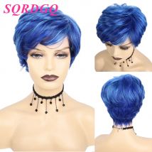 SQRDGQ Synthetic Hair Woman Wigs Blue Short Wig Women Natural Wavy Daily Party Cosplay Wigs for Women Pixie Cut Wig With Bangs