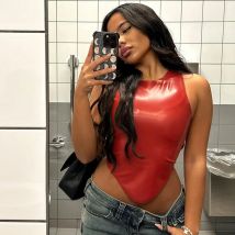 Mode Frauen Pu Leder Bustiers kurze Tops ärmellose unregelmäßige schlanke Taille Tank Weste sexy Dame Leder Korsett Tops Sommer