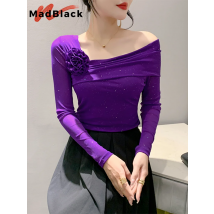 MadBlack European Clothes Tshirt Women Off Shoulder Flower Glitter Sequin Ruched Slim Mesh Top Long Sleeve Tees Spring T39448JM