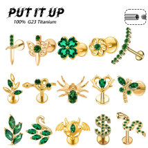 PUTITUP F136 Titanium Alloy Luxury Green Zirconia Earring Set Fashion Statement Ear Cartilage Lip Stud Body Piercing Jewelry