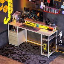 HOMCOM Mesa de Escritorio con Luces LED Estantes 155,5x48x75,5 cm Natural