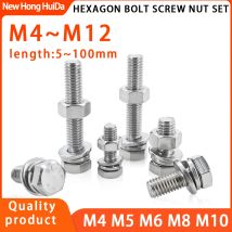 M4 M5 M6 M8 M10 M12 304 Stainless Steel Hexagon Bolt  Screw And Nut Set Large Full Extension Screw