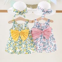 Sommer Neue Mädchen Kleid Neckholder Band Band Voller Druck Floral A-linie Kleid Geburtstag Party Team Kleid + Hut Bogen Band