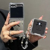 Spiegel Gesicht Perle bogen Telefon Fall Für Samsung Galaxy Z Flip 7 6 5 4 3 Armband Welle Abdeckung für Samsung Z Flip6 Mit Lanyard Abdeckung