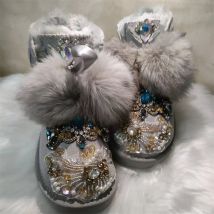 Übergroße Fuchs-Haarball-Schneestiefel mit Nieten, juwelenbesetzter Stein, Kristall-Schneestiefel, Fell One Bankett-Party-Schnürschuhe für Damen aus Baumwolle, Größe 35–40