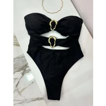 3 Colors Sexy Metal Rings Cut Out Women Swimwear One Piece Swimsuit Female Bandeau High Leg Cut Bather Bathing Suit Swim B022D