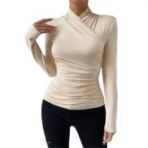 2024 mode Crossover Neck Pullover T-Shirt Frauen Einfarbig Schlank Gefaltete Tops Weibliche Pendler Casual Herbst Langarm Tees