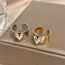 Greatera Stainless Steel Heart Pattern Cuff Ring For Women Men Tide Wide Thick Personality Exaggerated European American Jewelry