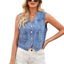 Frauen Doppel Tasche Splice Denim Weste V-ausschnitt Ärmellose einreiher Strickjacke Kurze Jacken Weste Weibliche Trend Streetwear