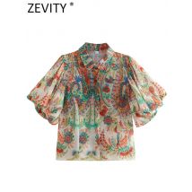 Zevity Women Vintage Totem Flower Print Pleated Puff Sleeve Blouse Office Lady Breasted Shirt Chic Chemise Blusas Tops LS5451