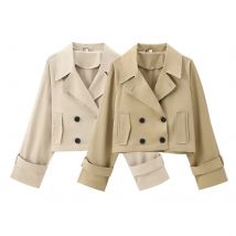 Frauen schick kurzen Trenchcoat solide zweireihige Langarm jacke Frau neue Mode Revers Tasche Design Vintage Mantel