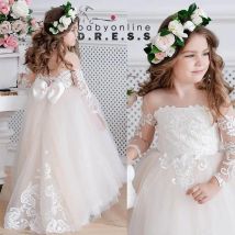 BABYONLINE Vintage Princess Lace Floral Bodice Tulle Flower Girls Dress for Kid Child Wedding Party Junior Bridesmaid Ball Gown