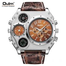 Oulm neuer Stil großes Zifferblatt einzigartige Designer Herren uhr Luxusmarke Herren Quarzuhr Herren Zwei Zeitzonen Leder Sport Armbanduhren