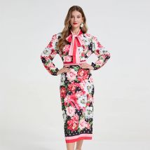 Spring Runway Gorgeous Flower 2 Piece Skirt Set Women's Bow Neck Long Sleeve Slim Blouses + High Waist Bodycon Midi Skirt Street