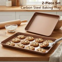 2Pcs Carbon Steel Baking Sheet Pan Round Rolled Edge Design Bakeware Nonstick Rectangle Baking Tray for Bread Cookies Jelly Roll