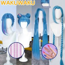 AUF LAGER Jinx Perücke 150 cm Anime Arcane Cosplay WakuWaku Frauen lol Jinx Halloween Tattoo Fingerlinge Vordere Spitze Perücke Freie kappe LOL